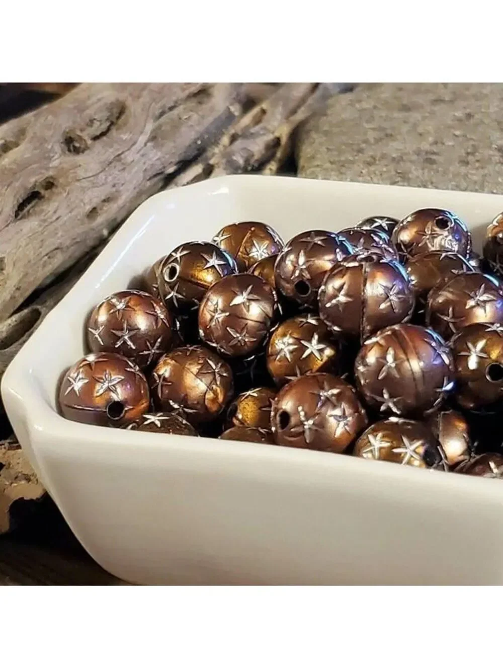 10 Vintage Retro Brown Silver Stars 12mm Round Acrylic Shabby Chic Beads